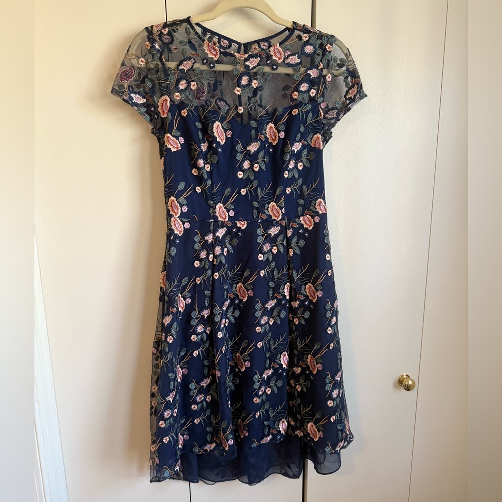 Adrianna Papell Navy Floral Embroidered Illusion Dress, Size 4 in EUC - Picture 3 of 6